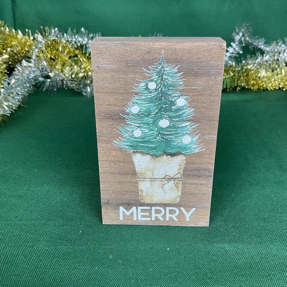 Rustic "Merry" Christmas Tree Wood Block Sign - Farmhouse Shelf Sitter Decor